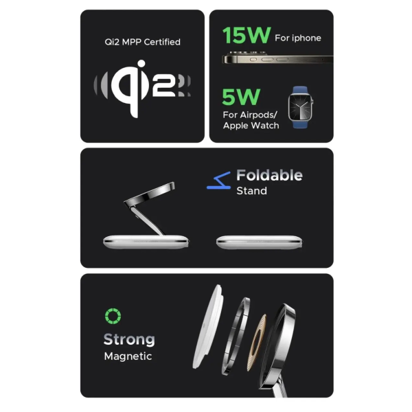 Док-станція бездротової зарядки UGREEN MFi Qi2 MagSafe Stand 20W White