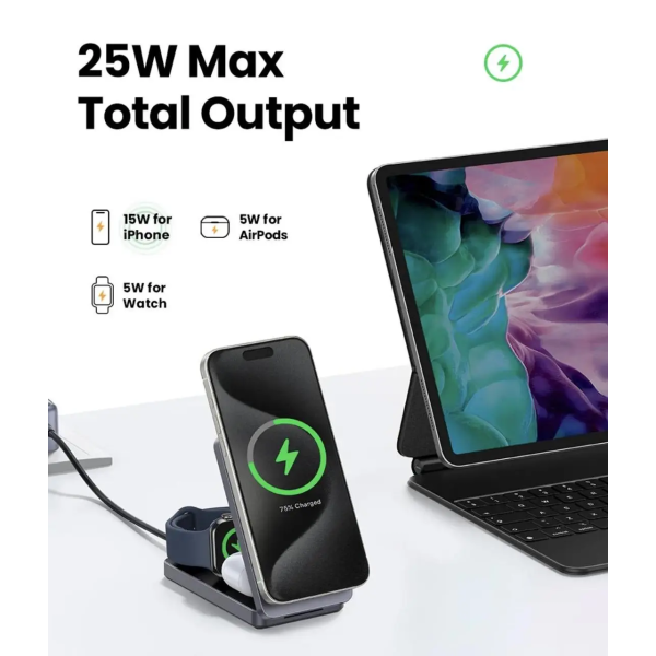 Сетевое зарядное устройство для UGREEN MagFlow Qi2 3-in-1 Wireless Charger 40W Grey