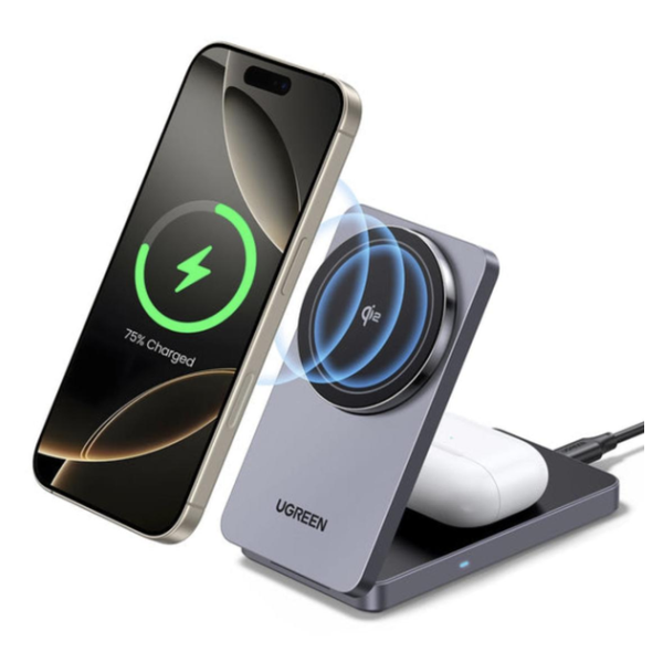 Зарядна станція UGREEN MagFlow Qi2 2-in-1 MagSafe Charger 20W Fast Charger Black