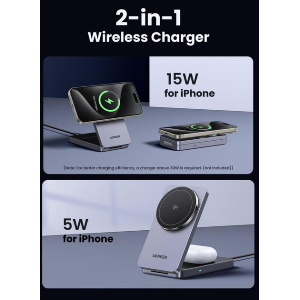 Зарядна станція UGREEN MagFlow Qi2 2-in-1 MagSafe Charger 20W Fast Charger Black
