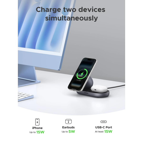 Бездротовий зарядний пристрій UGREEN MagFlow Qi2 15W 2-in-1 Magnetic Wireless Charger Stand (iPhone + AirPods, Black)