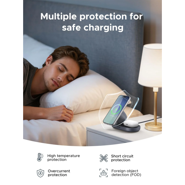 Бездротовий зарядний пристрій UGREEN MagFlow Qi2 15W 2-in-1 Magnetic Wireless Charger Stand (iPhone + AirPods, Black)