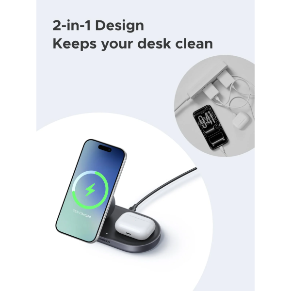Бездротовий зарядний пристрій UGREEN MagFlow Qi2 15W 2-in-1 Magnetic Wireless Charger Stand (iPhone + AirPods, Black)