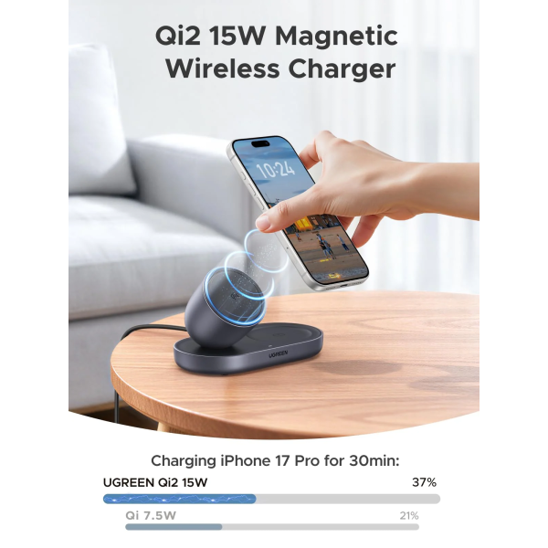 Бездротовий зарядний пристрій UGREEN MagFlow Qi2 15W 2-in-1 Magnetic Wireless Charger Stand (iPhone + AirPods, Black)
