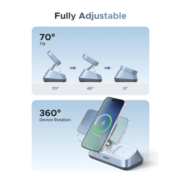 Бездротовий зарядний пристрій UGREEN MagFlow 3-in-1 Qi2 25W MagSafe Fast Charger для iPhone 17–12 Series (CD351)