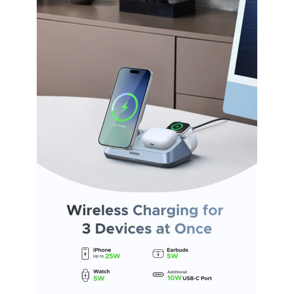 Бездротовий зарядний пристрій UGREEN MagFlow 3-in-1 Qi2 25W MagSafe Fast Charger для iPhone 17–12 Series (CD351)
