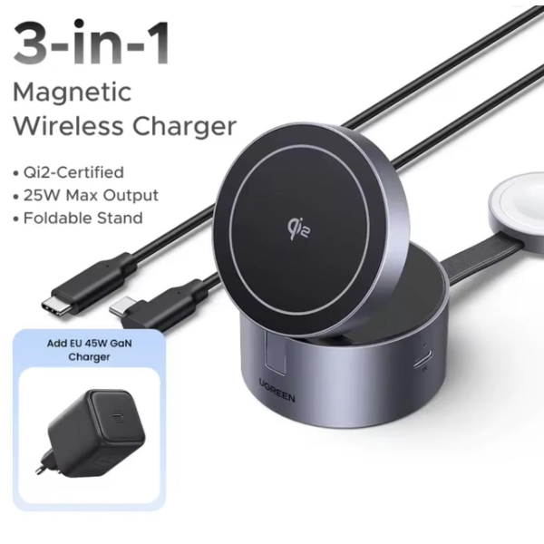 Зарядна док-станція UGREEN MagFlow 3-in-1 Qi2 15W Foldable Charger Grey