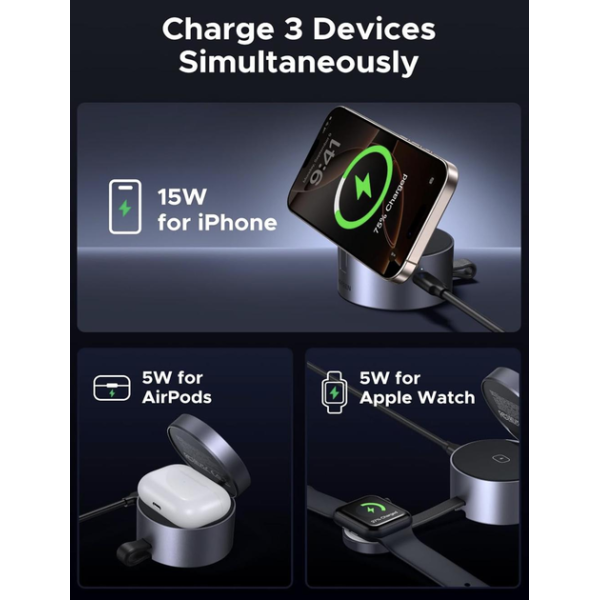 Зарядна док-станція UGREEN MagFlow 3-in-1 Qi2 15W Foldable Charger Grey