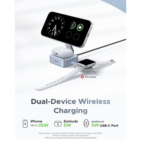 Бездротовий зарядний пристрій UGREEN MagFlow 2-in-1 Qi2.2 25W MagSafe Ultra-Fast Blue