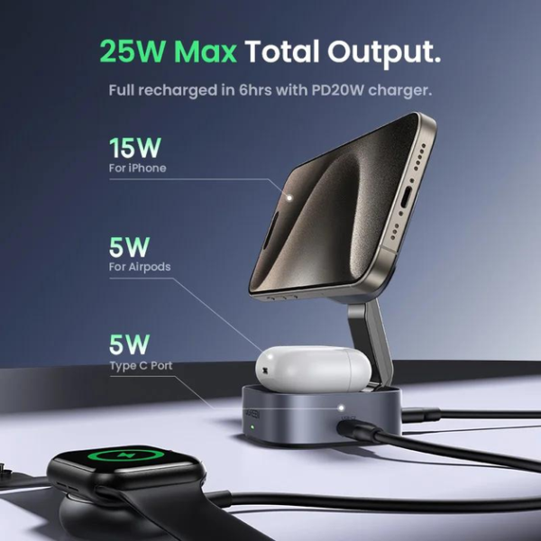 Беспроводное зарядное устройство UGREEN W702 MagFlow 2-in-1 Qi2 25W Magnetic Wireless Charger + USB-C