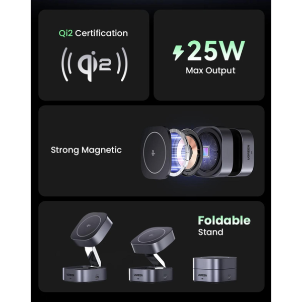 Беспроводное зарядное устройство UGREEN W702 MagFlow 2-in-1 Qi2 25W Magnetic Wireless Charger + USB-C