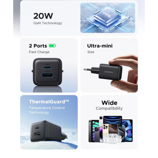 Зарядний пристрій UGREEN X514 GaN Dual 20W (USB-C + USB-A)