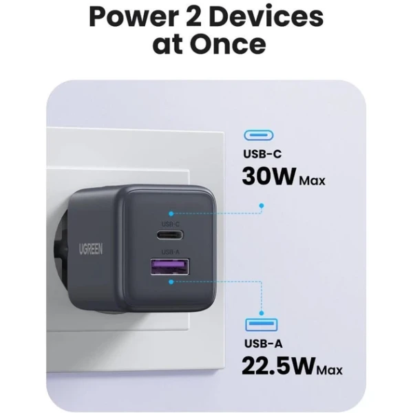 Мережевий зарядний пристрій UGREEN X516 30W 2-Port GaN Fast Charger White/Black